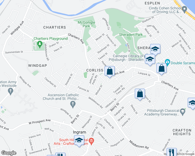 map of restaurants, bars, coffee shops, grocery stores, and more near 1239 Pritchard Street in Pittsburgh