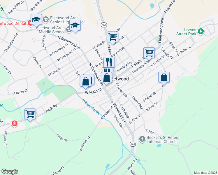 map of restaurants, bars, coffee shops, grocery stores, and more near 18 West Main Street in Fleetwood