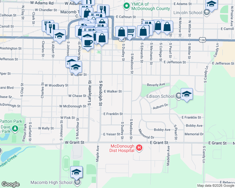 map of restaurants, bars, coffee shops, grocery stores, and more near 450 South Dudley Street in Macomb