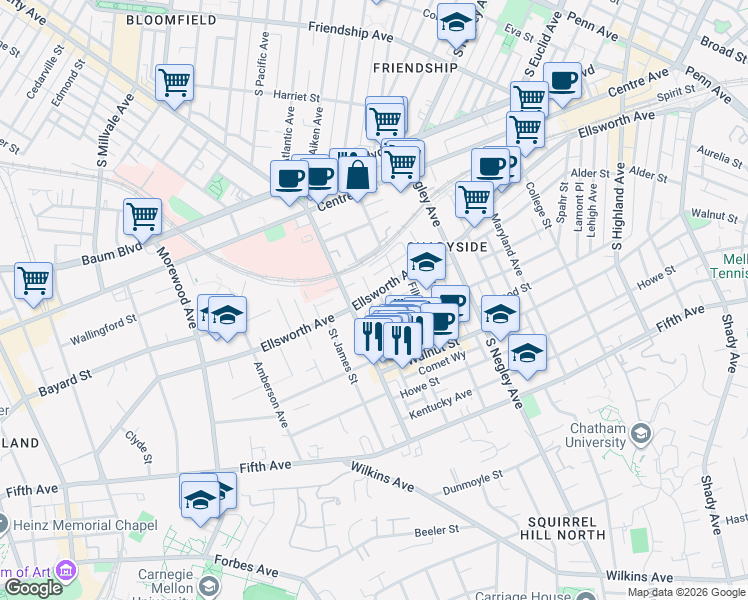map of restaurants, bars, coffee shops, grocery stores, and more near 5420 Ellsworth Avenue in Pittsburgh