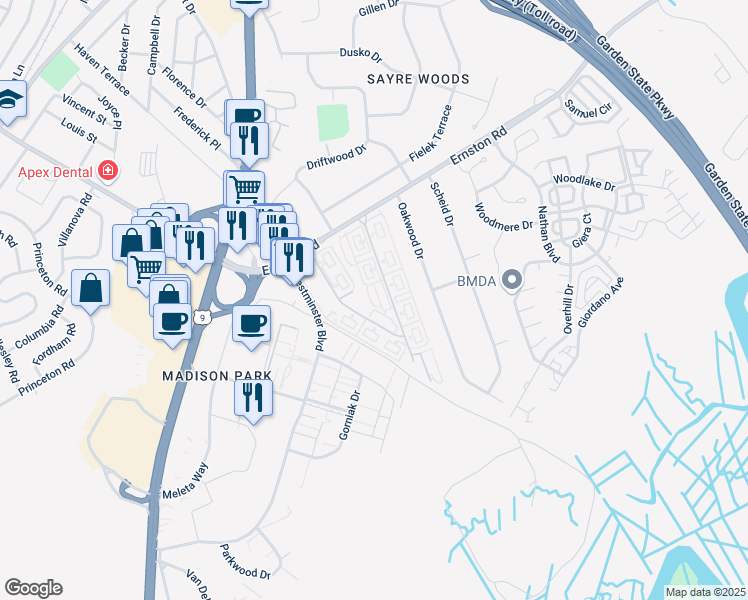 map of restaurants, bars, coffee shops, grocery stores, and more near 31 Skytop Gardens in Sayreville