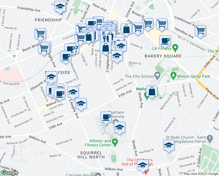 map of restaurants, bars, coffee shops, grocery stores, and more near in Pittsburgh