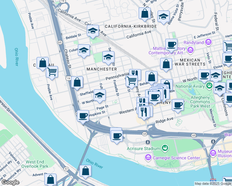 map of restaurants, bars, coffee shops, grocery stores, and more near 1202 West North Avenue in Pittsburgh