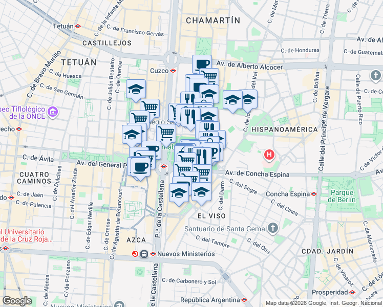 map of restaurants, bars, coffee shops, grocery stores, and more near 1 Avenida de Concha Espina in Madrid