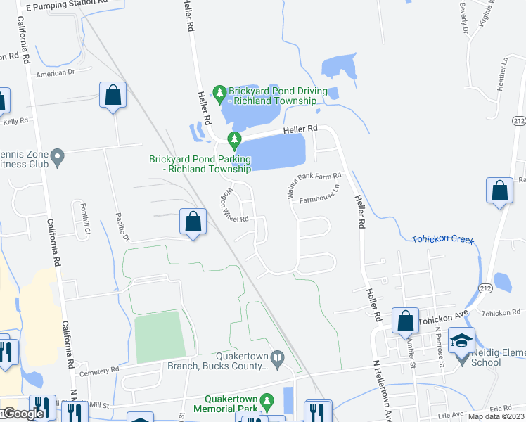 map of restaurants, bars, coffee shops, grocery stores, and more near 198 Prairie Court in Quakertown