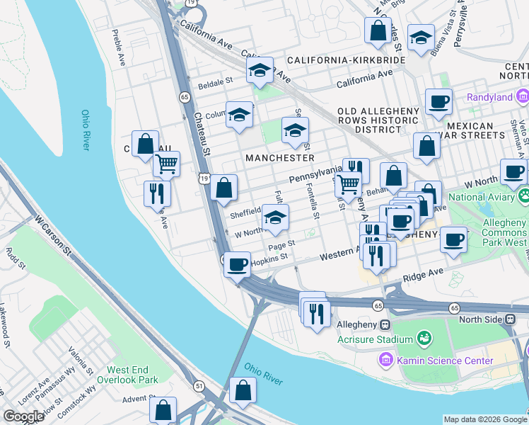 map of restaurants, bars, coffee shops, grocery stores, and more near 1314 Sheffield Street in Pittsburgh