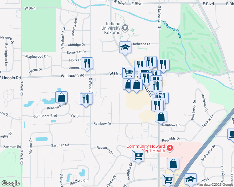 map of restaurants, bars, coffee shops, grocery stores, and more near 3223 Frances Lane in Kokomo