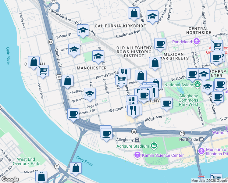 map of restaurants, bars, coffee shops, grocery stores, and more near 1123 Sheffield Street in Pittsburgh