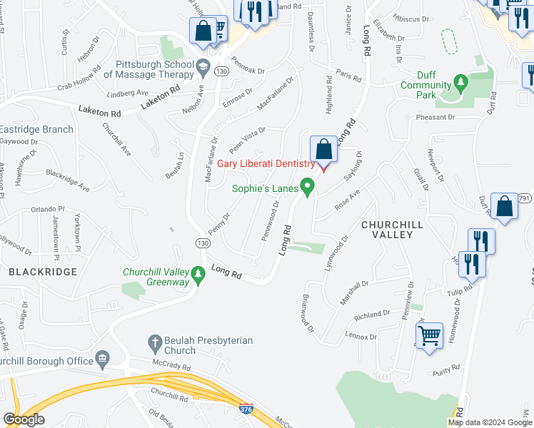 map of restaurants, bars, coffee shops, grocery stores, and more near 720 Pennwood Drive in Pittsburgh