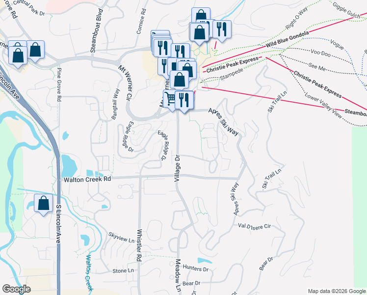map of restaurants, bars, coffee shops, grocery stores, and more near 2700 Village Drive in Steamboat Springs
