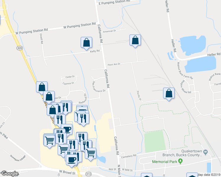 map of restaurants, bars, coffee shops, grocery stores, and more near 365 California Road in Quakertown