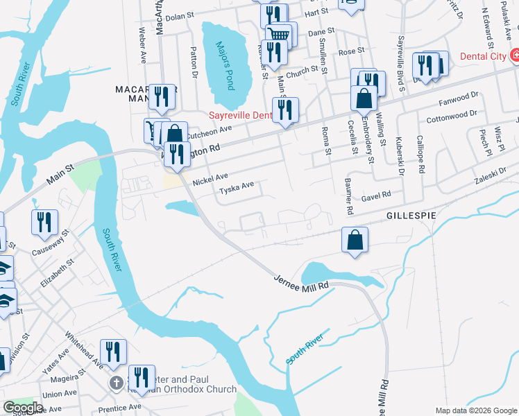 map of restaurants, bars, coffee shops, grocery stores, and more near 119 Bissett Street in Sayreville