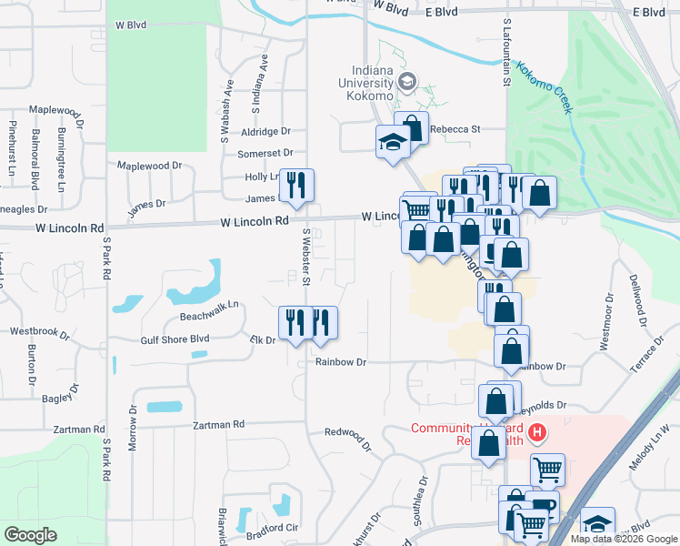 map of restaurants, bars, coffee shops, grocery stores, and more near 419 West Lincoln Road in Kokomo