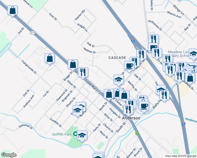 map of restaurants, bars, coffee shops, grocery stores, and more near 3249 Lyndsey Lane in Anderson