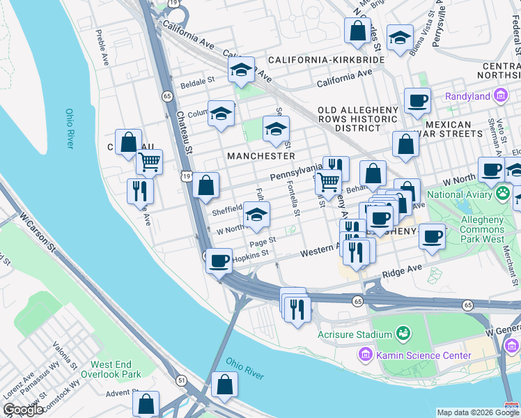 map of restaurants, bars, coffee shops, grocery stores, and more near 1314 Sheffield Street in Pittsburgh