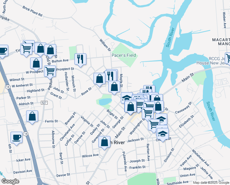 map of restaurants, bars, coffee shops, grocery stores, and more near 8 William Street in South River