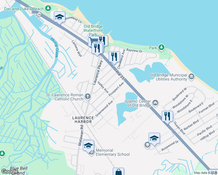map of restaurants, bars, coffee shops, grocery stores, and more near 250 Brookside Avenue in South Amboy