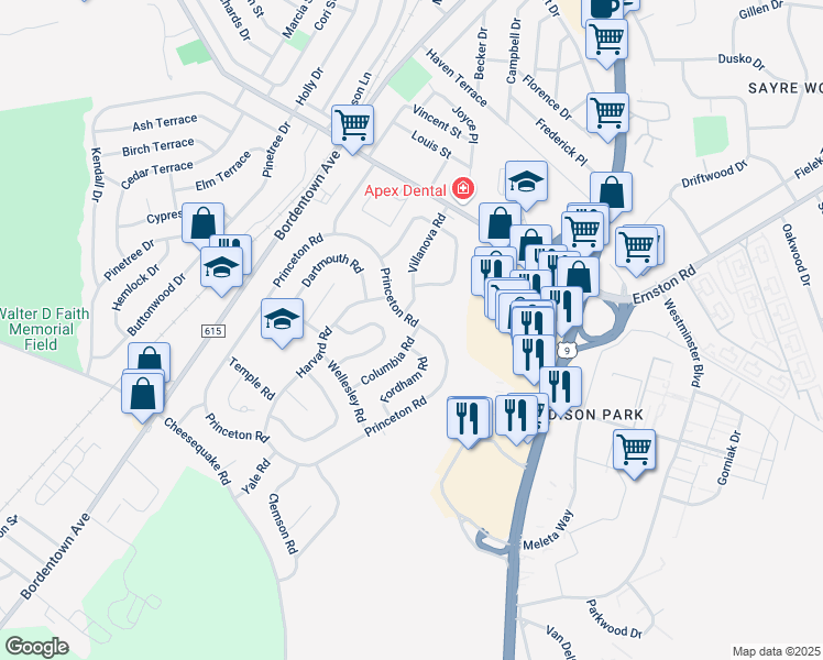 map of restaurants, bars, coffee shops, grocery stores, and more near 131 Princeton Road in Old Bridge
