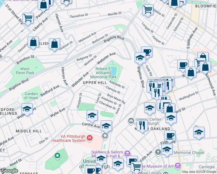 map of restaurants, bars, coffee shops, grocery stores, and more near 816 Adelaide Street in Pittsburgh