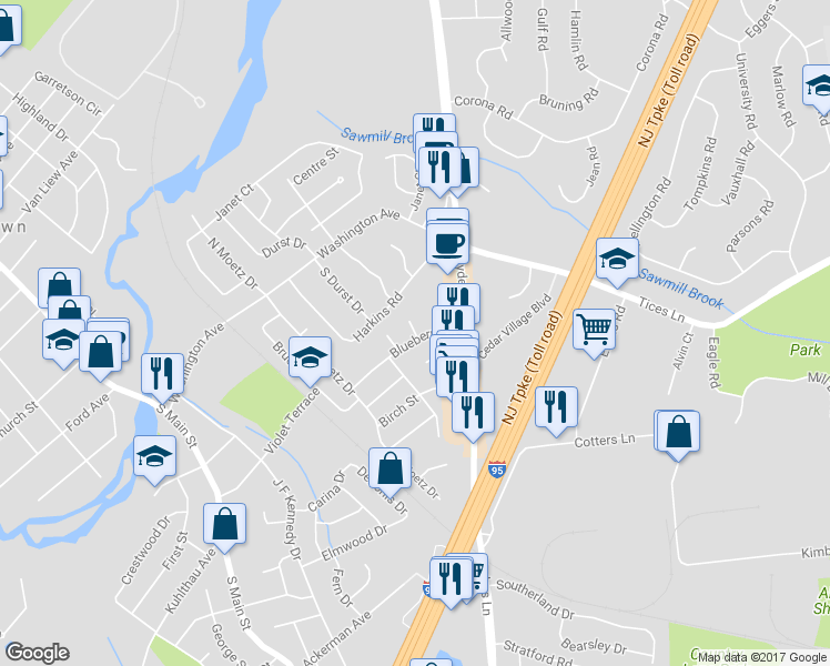 map of restaurants, bars, coffee shops, grocery stores, and more near 6 Peachwood Court in Milltown