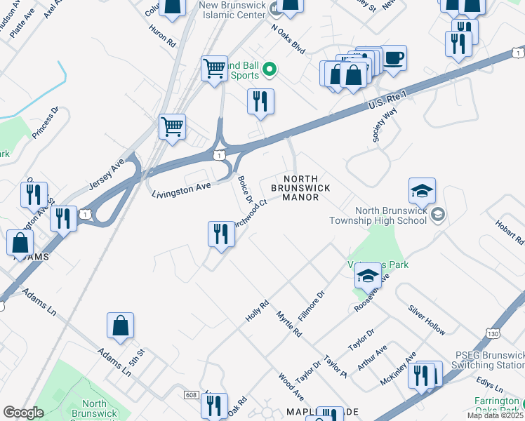 map of restaurants, bars, coffee shops, grocery stores, and more near 2880 Birchwood Court in North Brunswick Township