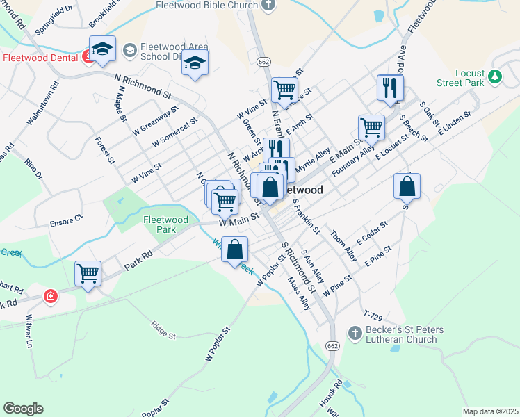 map of restaurants, bars, coffee shops, grocery stores, and more near 101 West Main Street in Fleetwood