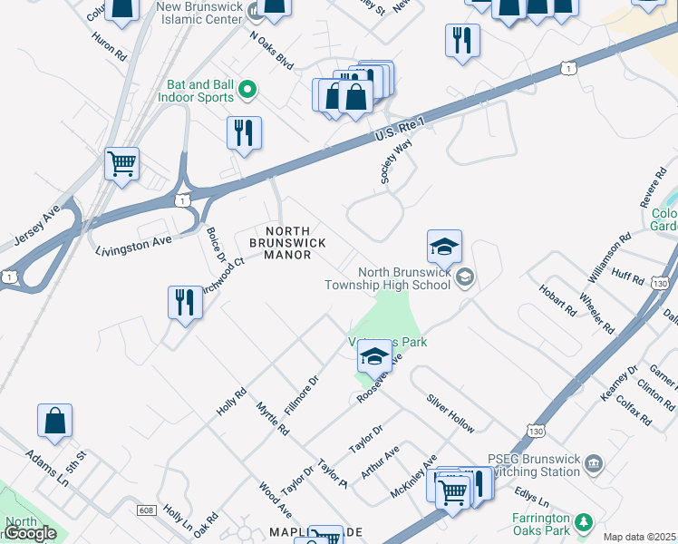 map of restaurants, bars, coffee shops, grocery stores, and more near 3631 Birchwood Court in North Brunswick Township