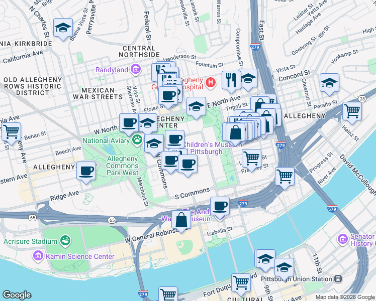 map of restaurants, bars, coffee shops, grocery stores, and more near 6 Allegheny Square East in Pittsburgh
