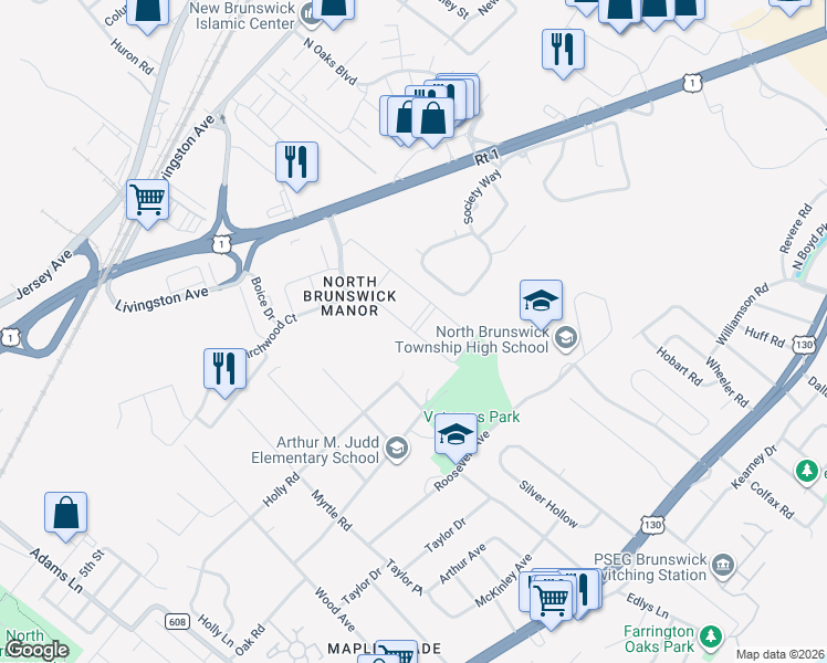 map of restaurants, bars, coffee shops, grocery stores, and more near 3613 Birchwood Court in North Brunswick Township