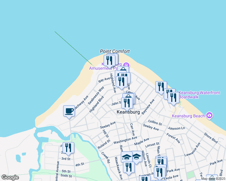 map of restaurants, bars, coffee shops, grocery stores, and more near 40 Highland Avenue in Keansburg