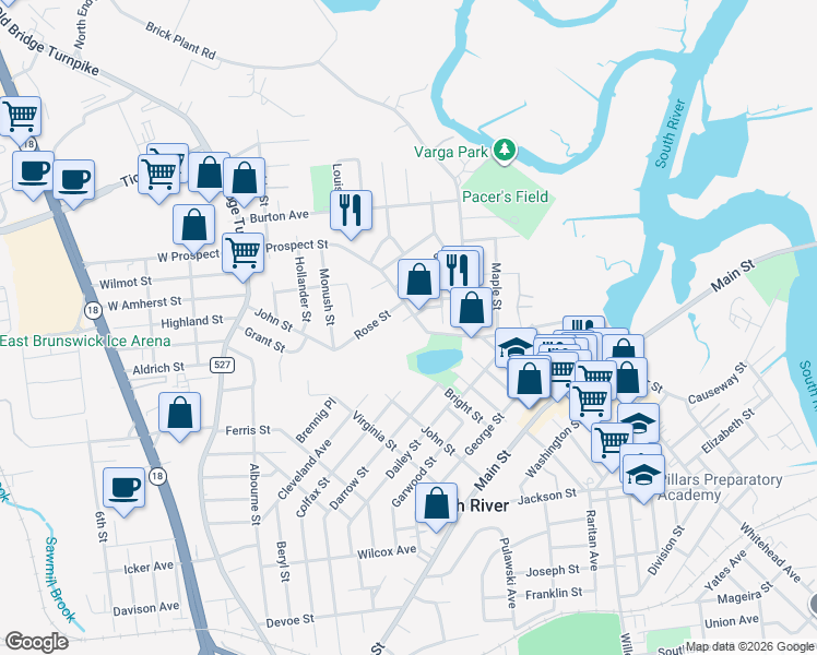 map of restaurants, bars, coffee shops, grocery stores, and more near 123 East Prospect Street in South River