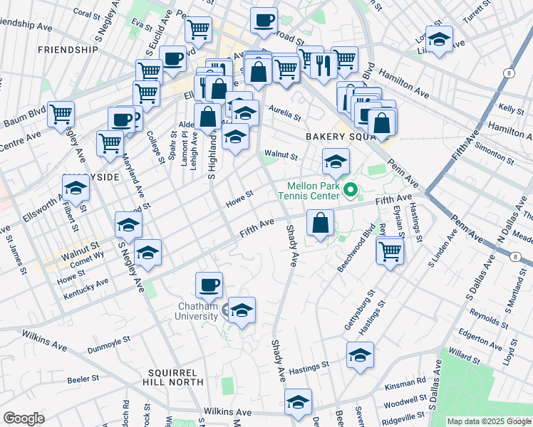 map of restaurants, bars, coffee shops, grocery stores, and more near 600 Shady Avenue in Pittsburgh