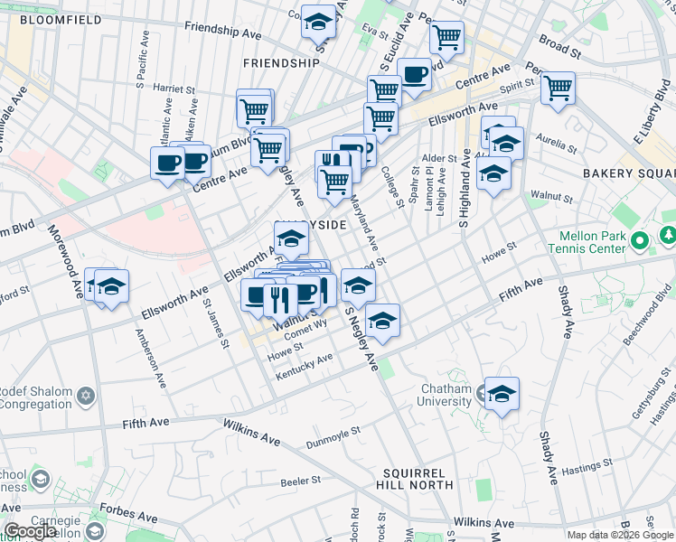 map of restaurants, bars, coffee shops, grocery stores, and more near 5611 Elmer Street in Pittsburgh
