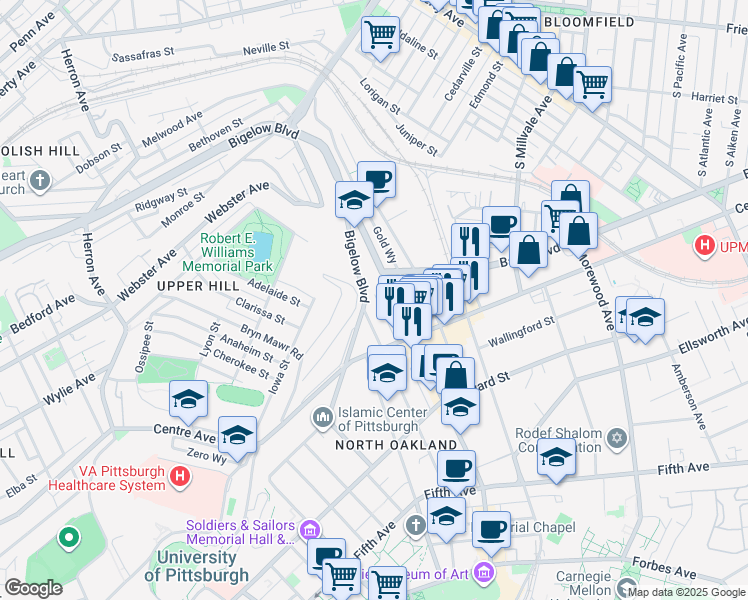 map of restaurants, bars, coffee shops, grocery stores, and more near in Pittsburgh