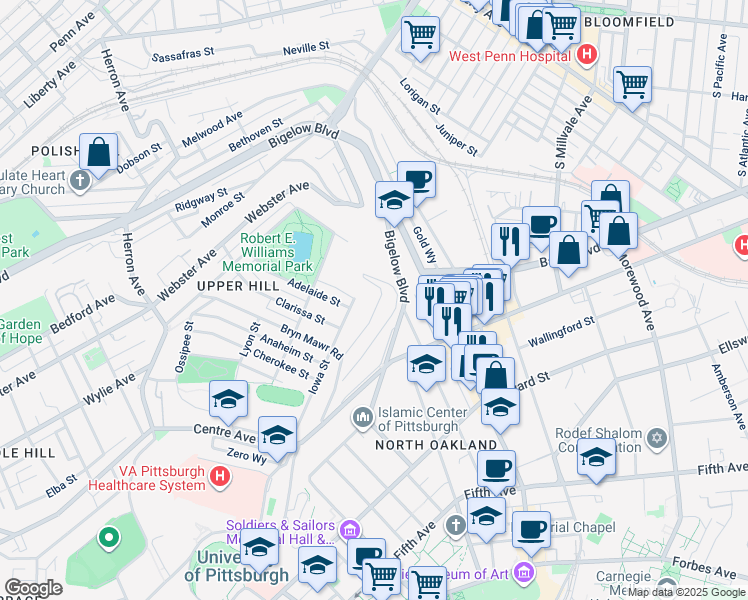map of restaurants, bars, coffee shops, grocery stores, and more near 3515 Iowa Street in Pittsburgh