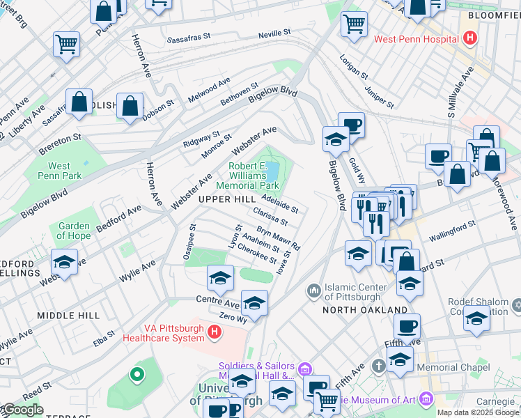 map of restaurants, bars, coffee shops, grocery stores, and more near 816 Adelaide Street in Pittsburgh
