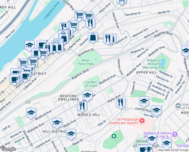 map of restaurants, bars, coffee shops, grocery stores, and more near 2829 Bedford Avenue in Pittsburgh
