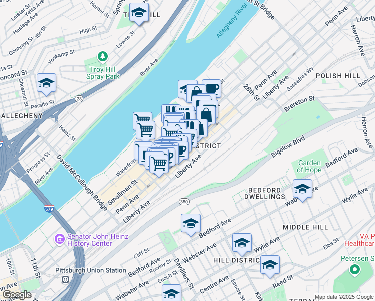 map of restaurants, bars, coffee shops, grocery stores, and more near in Pittsburgh