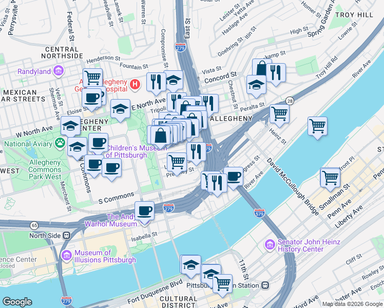 map of restaurants, bars, coffee shops, grocery stores, and more near in Pittsburgh
