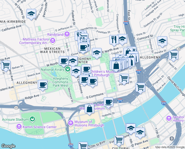 map of restaurants, bars, coffee shops, grocery stores, and more near 7 Allegheny Square East in Pittsburgh
