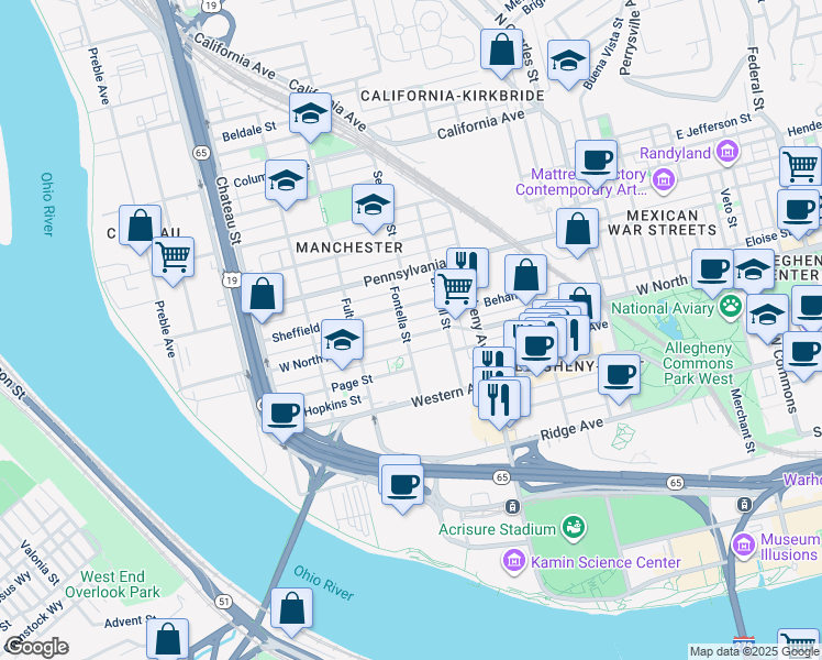 map of restaurants, bars, coffee shops, grocery stores, and more near 1123 Sheffield Street in Pittsburgh