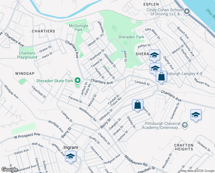 map of restaurants, bars, coffee shops, grocery stores, and more near 3133 Chartiers Avenue in Pittsburgh