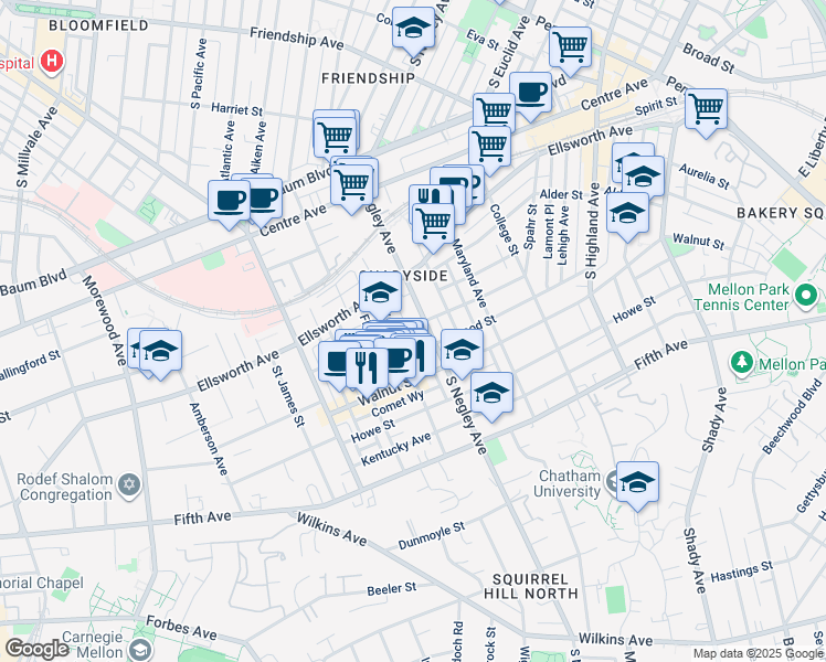 map of restaurants, bars, coffee shops, grocery stores, and more near 5610 Elmer Street in Pittsburgh