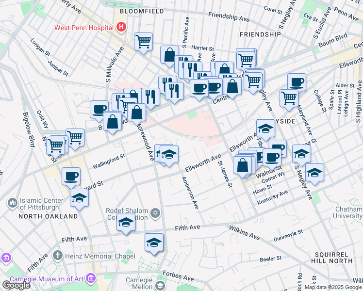 map of restaurants, bars, coffee shops, grocery stores, and more near 401 Amberson Avenue in Pittsburgh