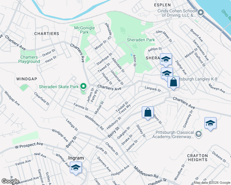 map of restaurants, bars, coffee shops, grocery stores, and more near 3133 Chartiers Avenue in Pittsburgh