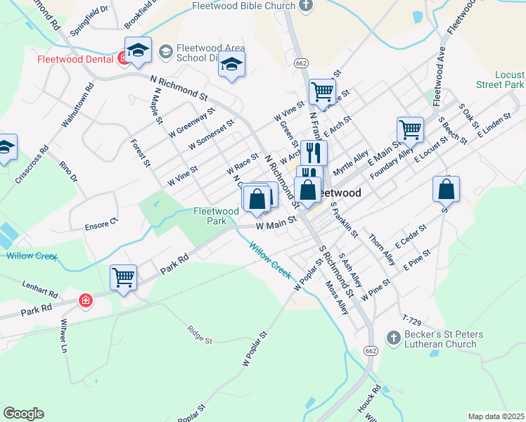map of restaurants, bars, coffee shops, grocery stores, and more near 128 West Washington Street in Fleetwood