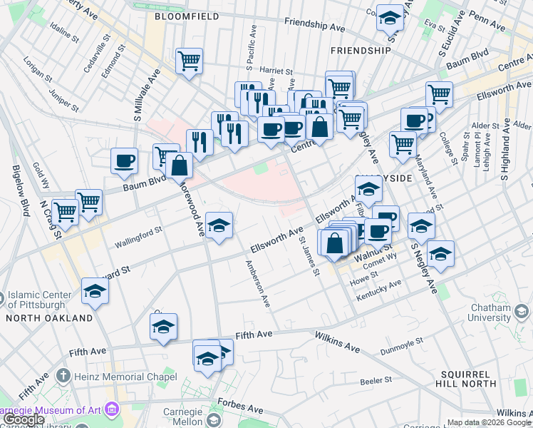 map of restaurants, bars, coffee shops, grocery stores, and more near 8 Colonial Place in Pittsburgh