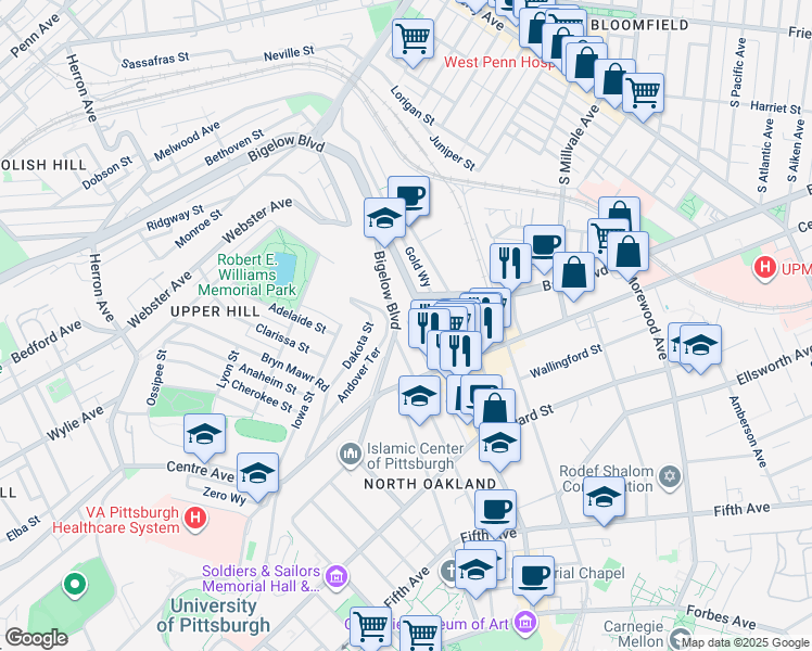 map of restaurants, bars, coffee shops, grocery stores, and more near 3955 Bigelow Boulevard in Pittsburgh