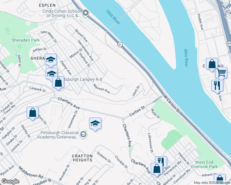 map of restaurants, bars, coffee shops, grocery stores, and more near 2617 Stafford Street in Pittsburgh