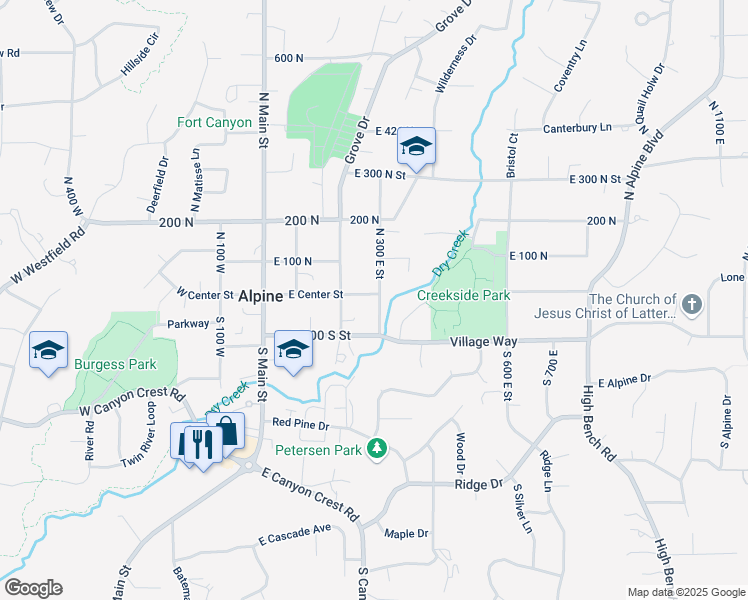 map of restaurants, bars, coffee shops, grocery stores, and more near 20 North 300 East Street in Alpine